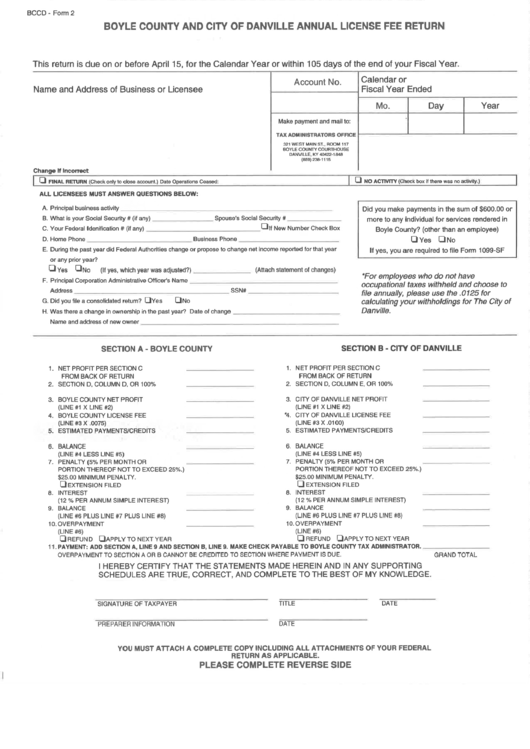 Bccd Form 2 Boyle County And City Of Danville Annual License Fee 