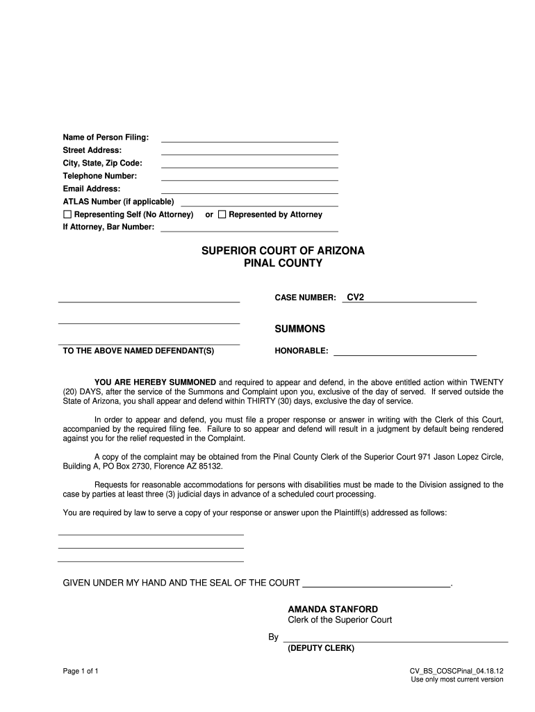 Blank Summons Pinal County Clerk Of The Superior Court Fill Out 