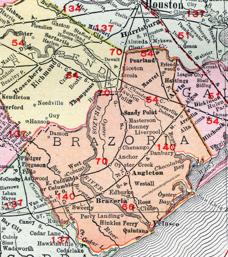 Brazoria County Texas Map 1911 Angleton Brazoria City Alvin West 
