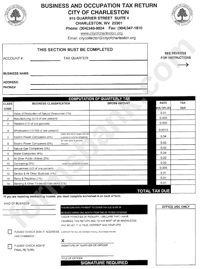 Business And Occupation Tax Return Form City Of Charleston Printable 