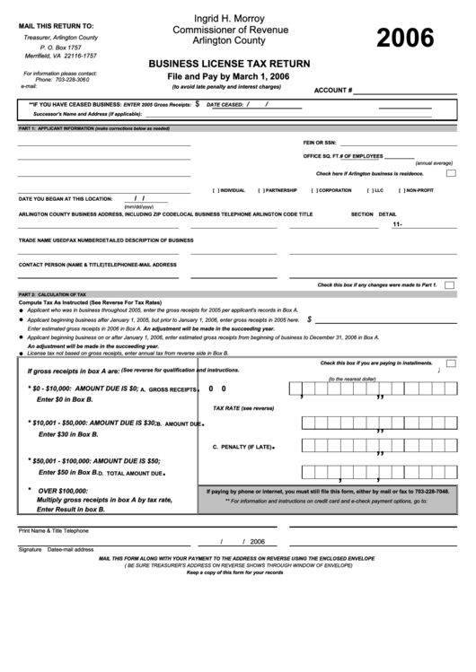 Business License Tax Return Form Arlington County 2006 Printable 