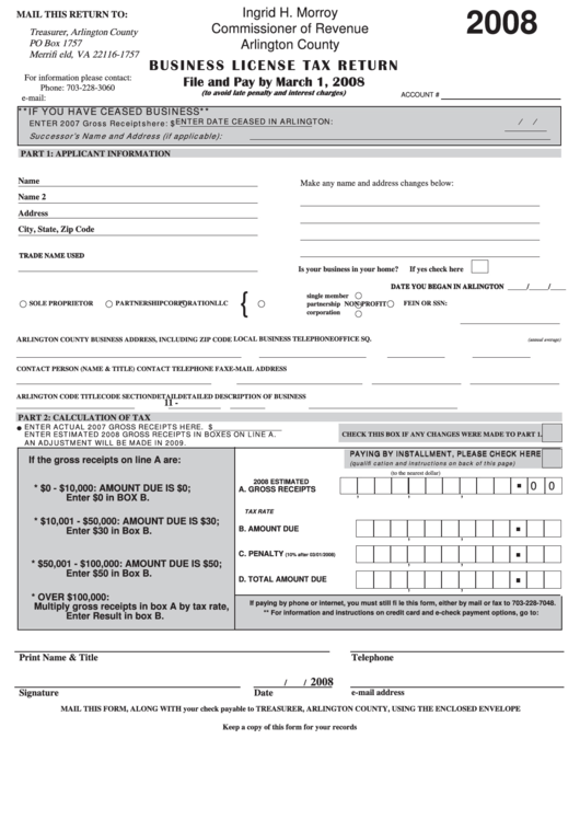 Business License Tax Return Form Arlington County 2008 Printable 