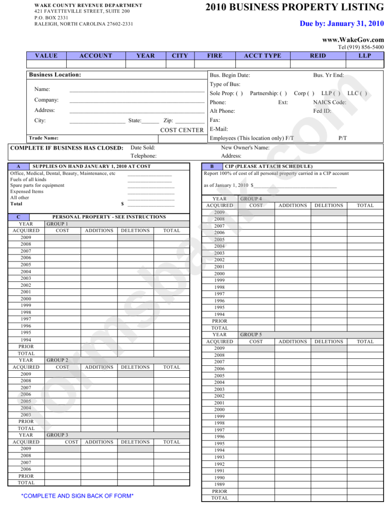 Business Property Listing Form Wake County Revenue Department 2010 