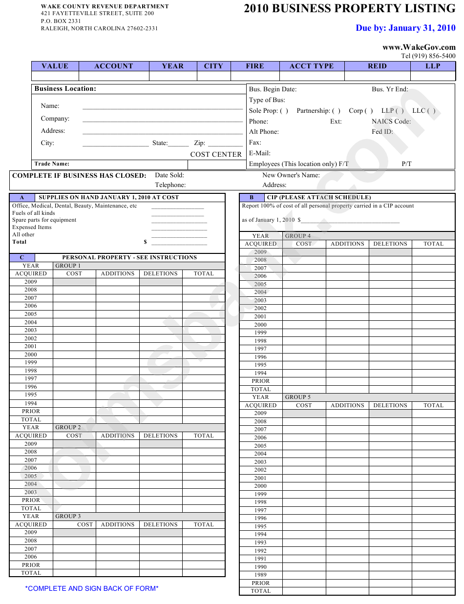 Business Property Listing Form Wake County Revenue Department 2010