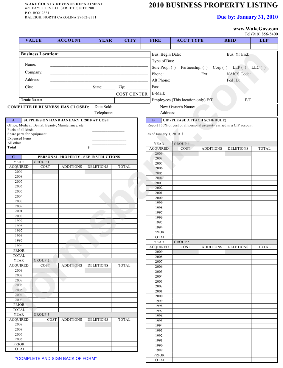 Business Property Listing Form Wake County Revenue Department 2010 