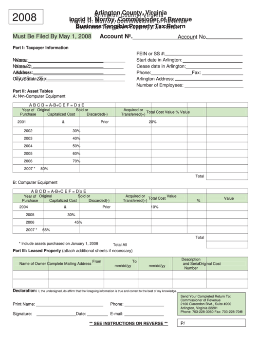 Business Tangible Property Tax Return Form Arlington County 2008 