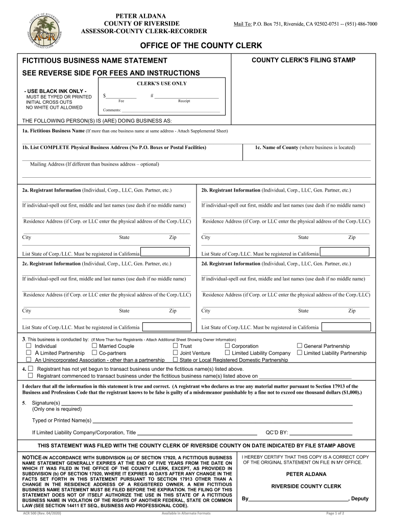 CA ACR 500 Riverside County 2020 2022 Fill And Sign Printable 