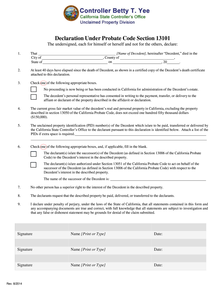 CA Declaration Under Probate Code Section 13101 2014 2022 Fill And 