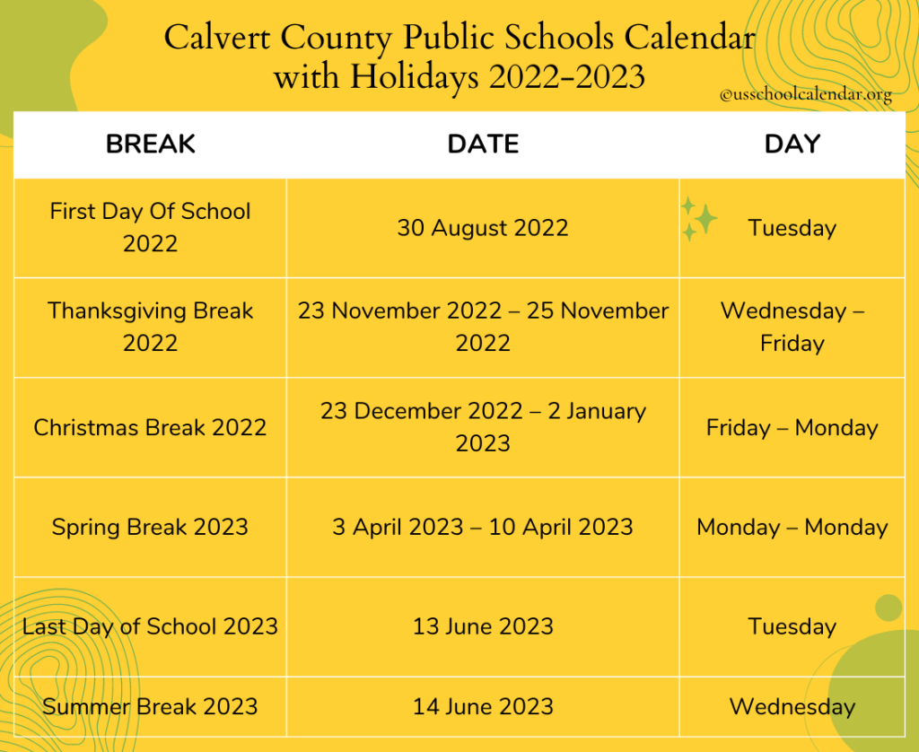 Calvert County Public Schools Calendar 2023 US School Calendar