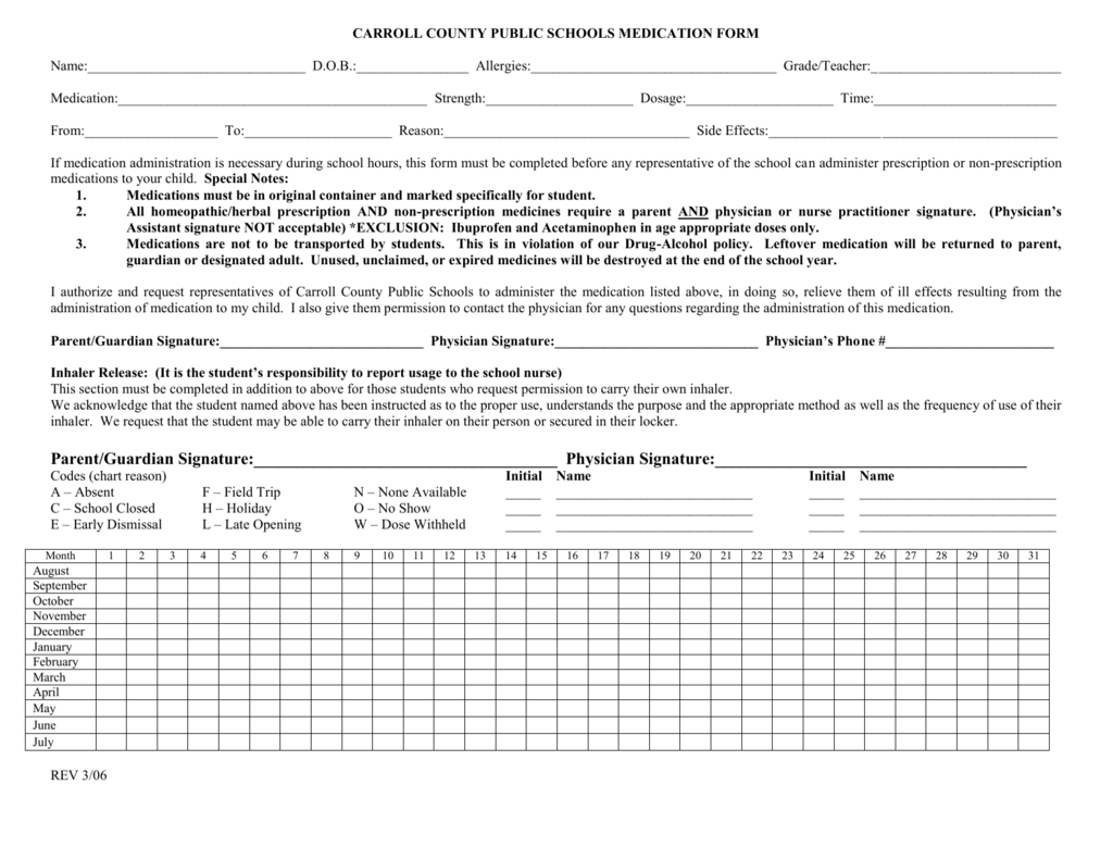 CARROLL COUNTY PUBLIC SCHOOLS MEDICATION FORM