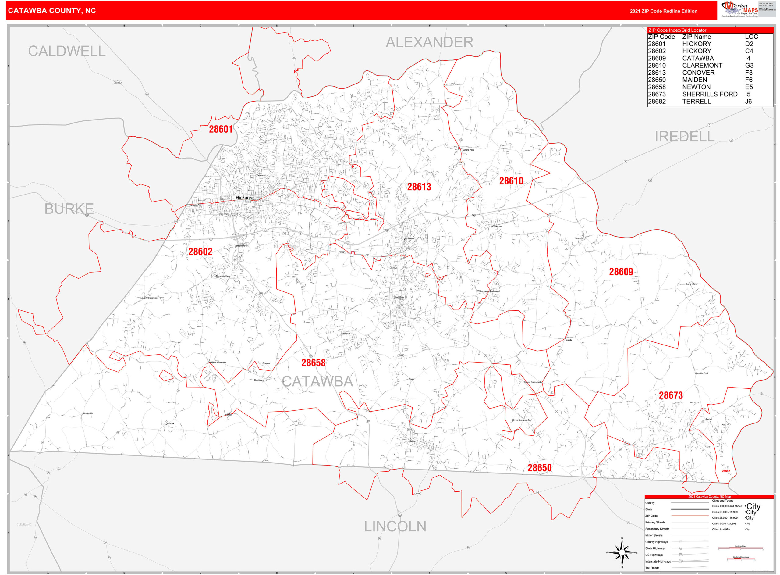 Catawba County NC Zip Code Wall Map Red Line Style By MarketMAPS