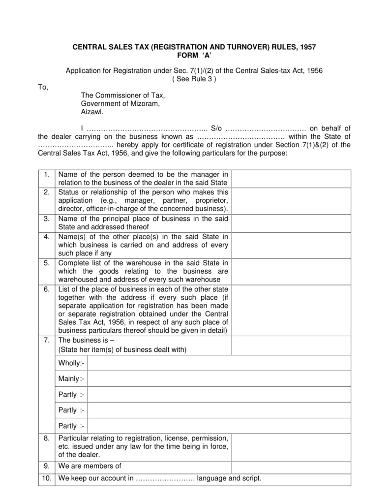 CENTRAL SALES TAX REGISTRATION AND TURNOVER RULES