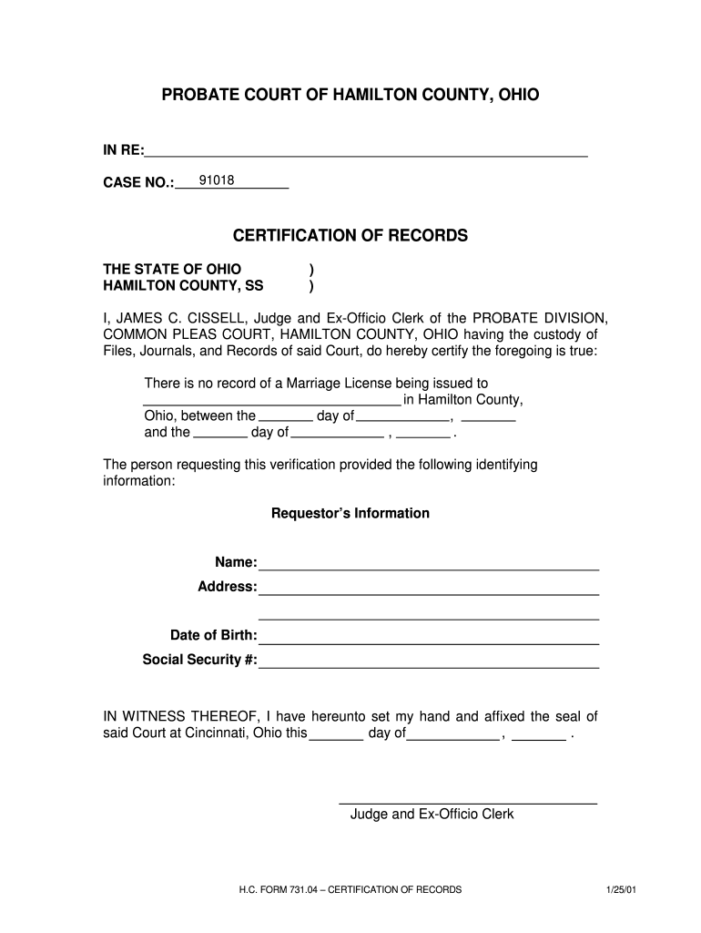 Certification Of Records Form Hamilton County Probate Court 