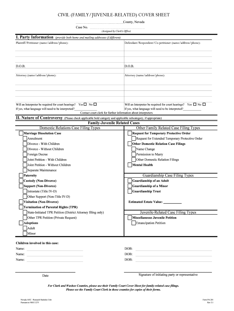 Civil Familyjuvenile Related Cover Sheet Elko County Form Fill Out