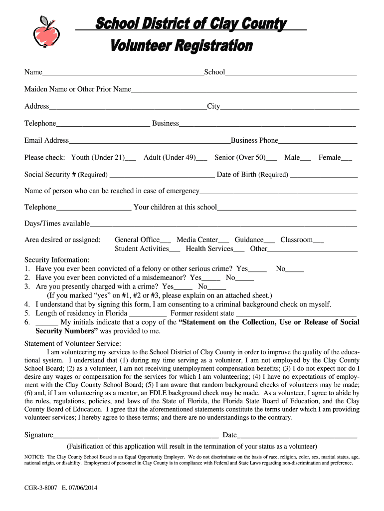 Clay County School Volunteer Form Fill Online Printable Fillable 