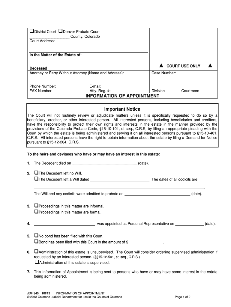 CO JDF 940 2013 Complete Legal Document Online US Legal Forms