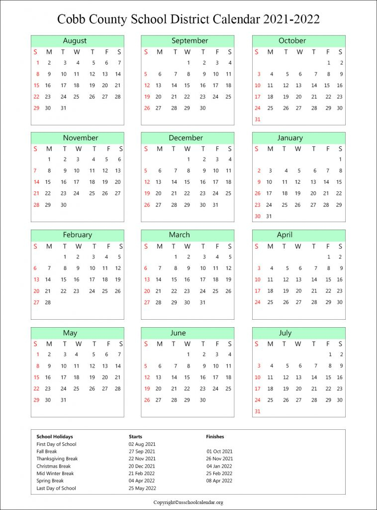 Cobb County School Calendar With Holidays 2021 2022