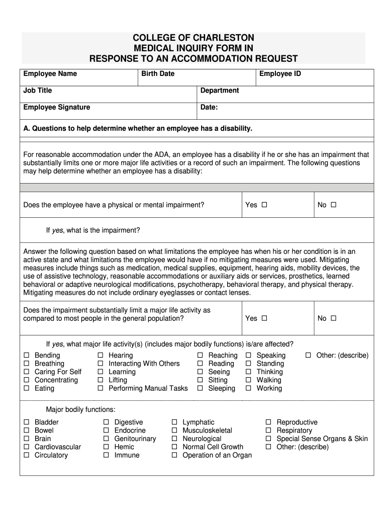 College Of Charleston Medical Inquiry Form In Response To An