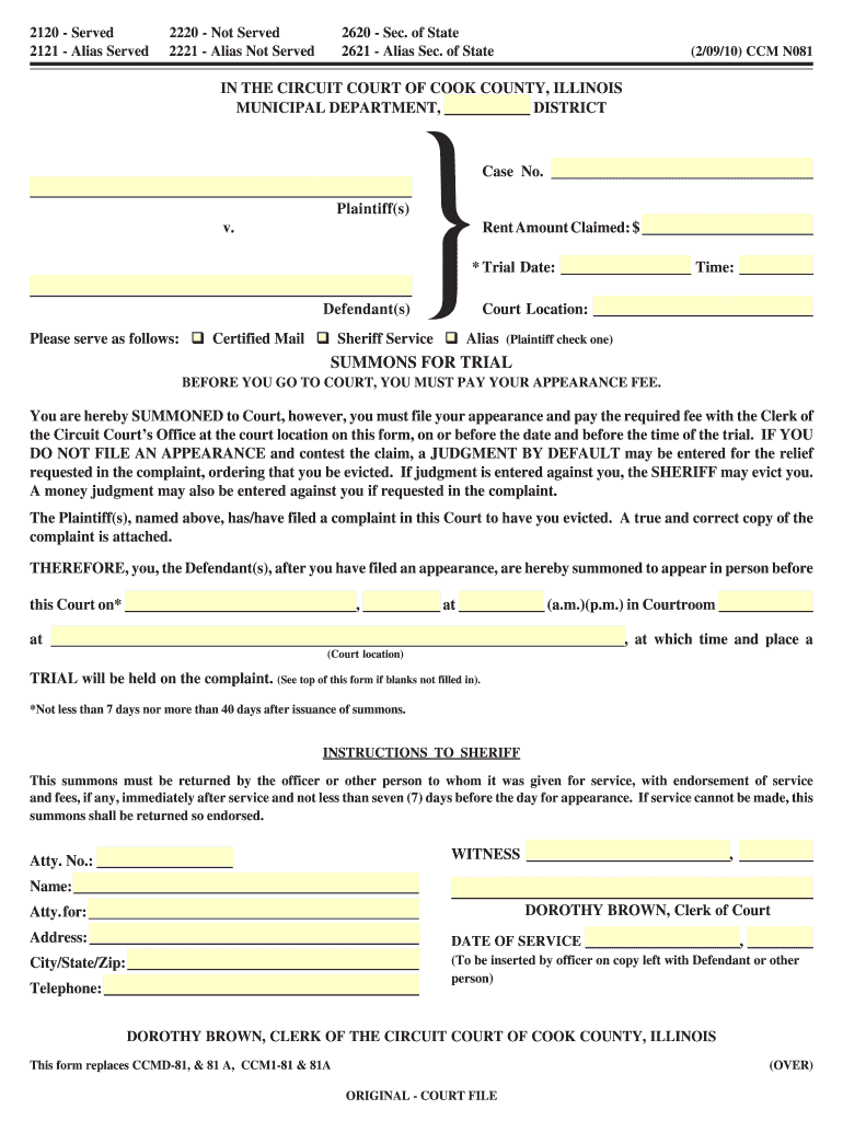 Cook County Municipal Summons This Form Replaces Ccmd 81 Fill Out