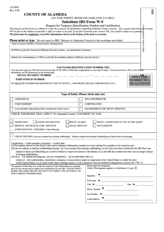 County Of Alameda Substitute Irs Form W 9 Request For Taxpayer 