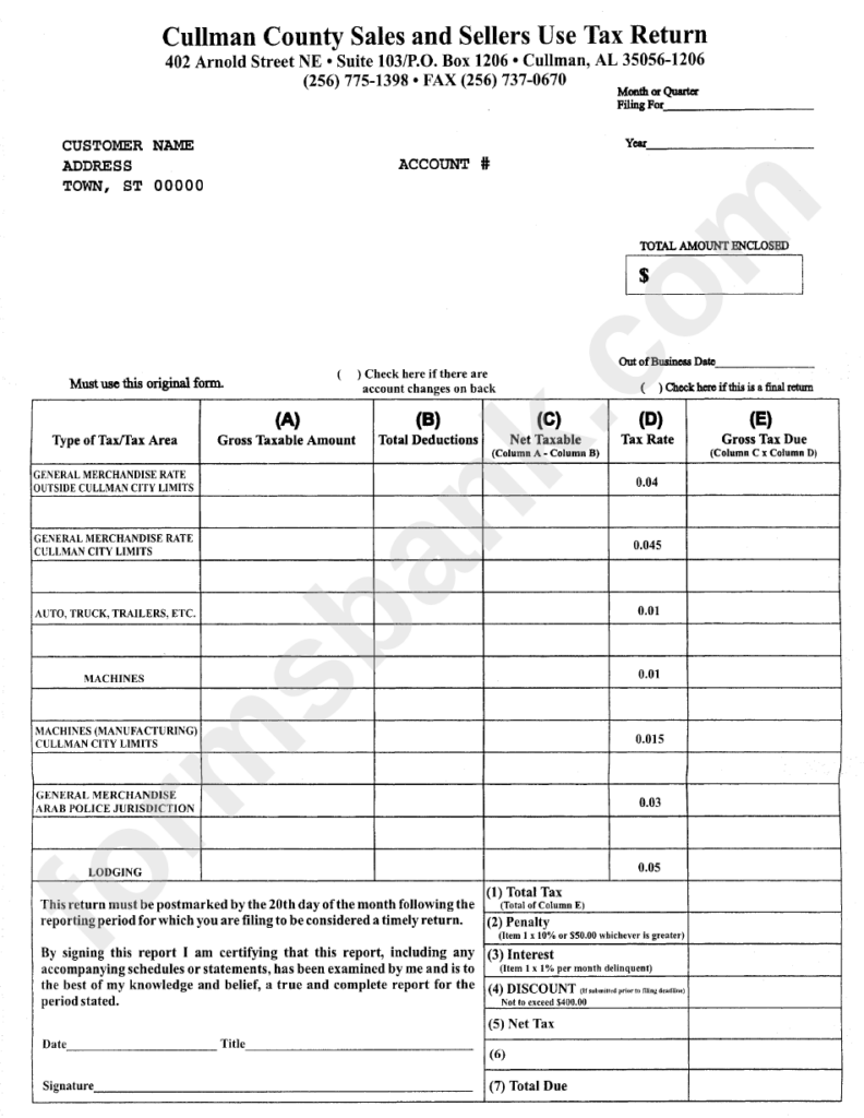 Cullman County Sales And Sellers Use Tax Return Form Printable Pdf Download