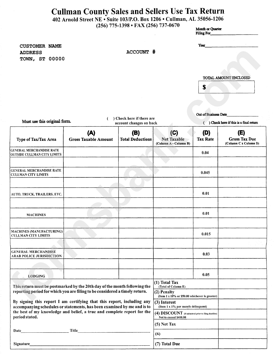 Cullman County Sales And Sellers Use Tax Return Form Printable Pdf Download