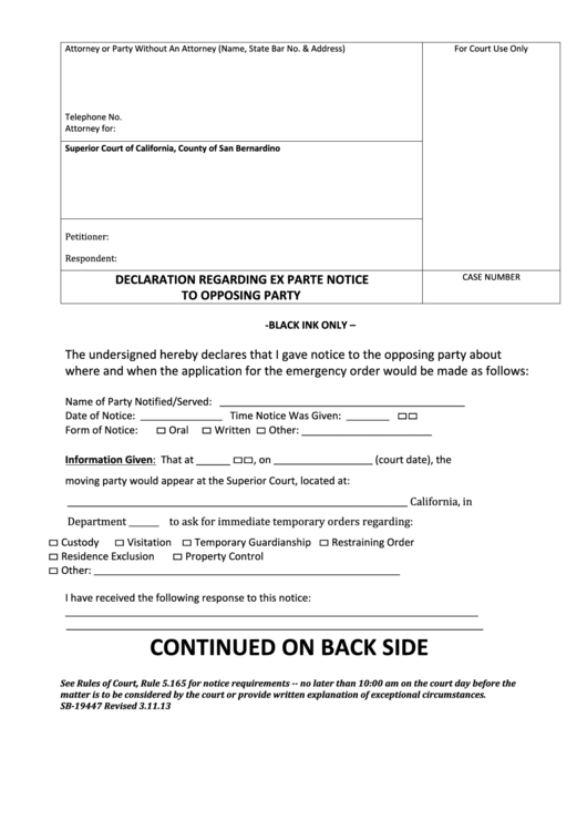 Declaration Form Regarding Ex Parte Notice To Opposing Party Superior 