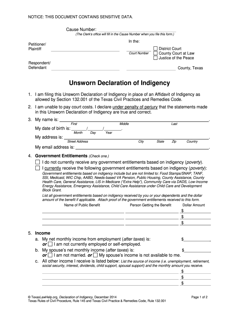 Declaration Of Indigency Fill Online Printable Fillable Blank 