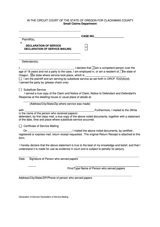 Declaration Of Service Declaration Of Service Mailing Form The