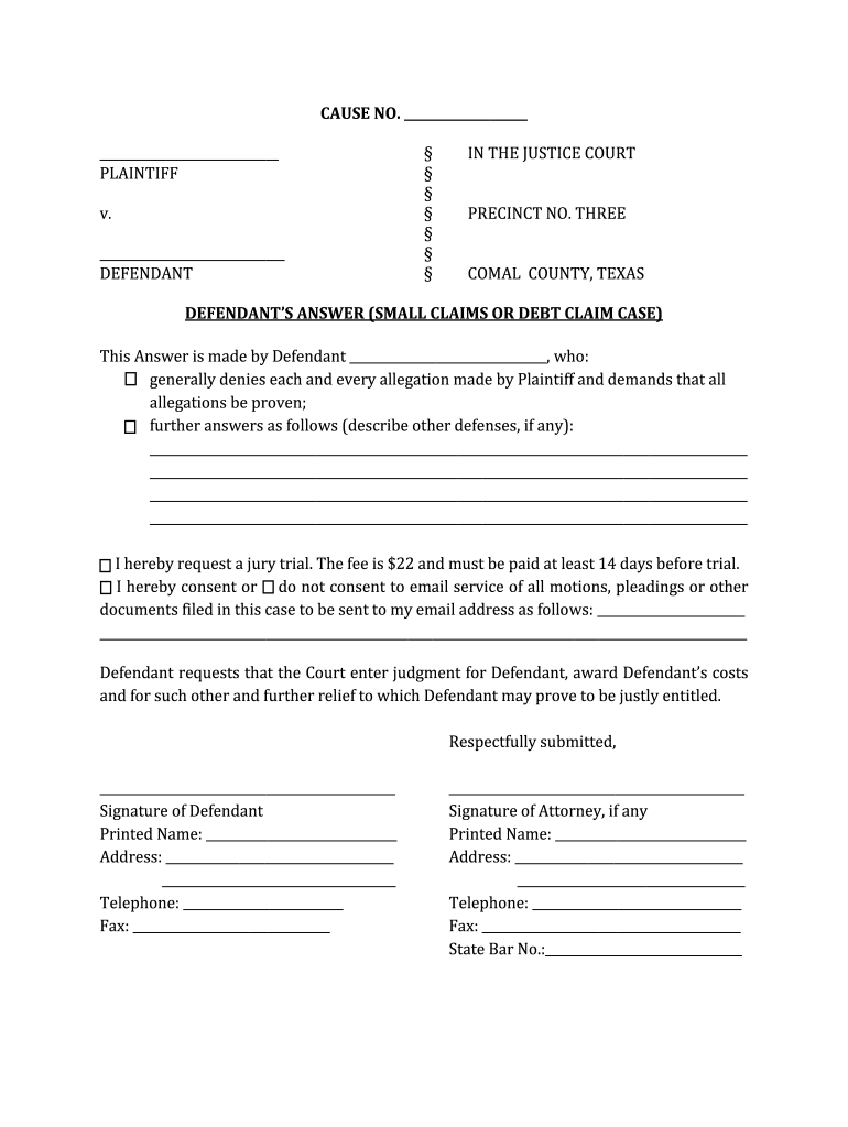 Defendant Answer Form Texas Fill Online Printable Fillable Blank 