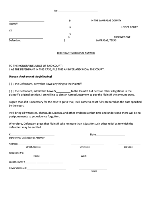 Defendant S Original Answer Lampasas Countyjustice Court Printable 