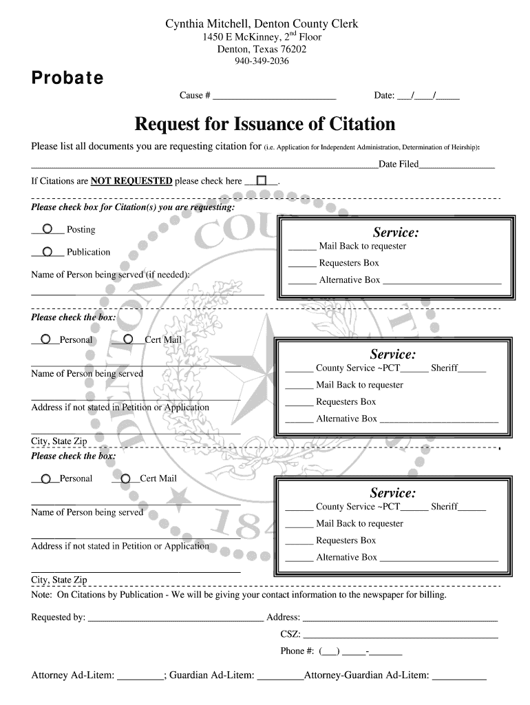 Denton County Probate Citationr Equest Form CountyForms