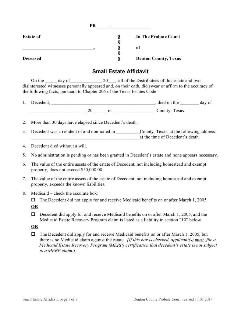 Download Free Denton County Texas Small Estate Affidavit Form Form 