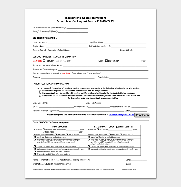 Elementary School Transfer Request Letter Format Samples Tips