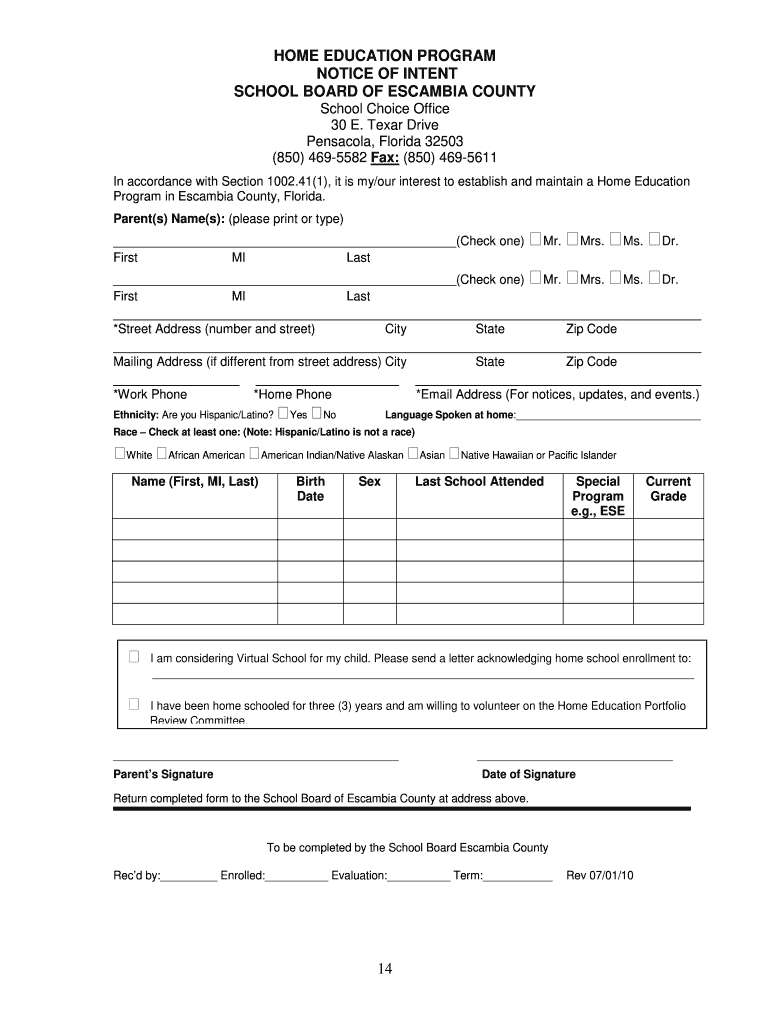 Establish Home School Form Escambia County School District Fill Out 