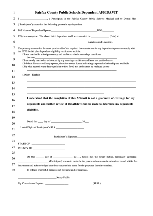 Fairfax County Public Schools Dependent Affidavit Form Printable Pdf 