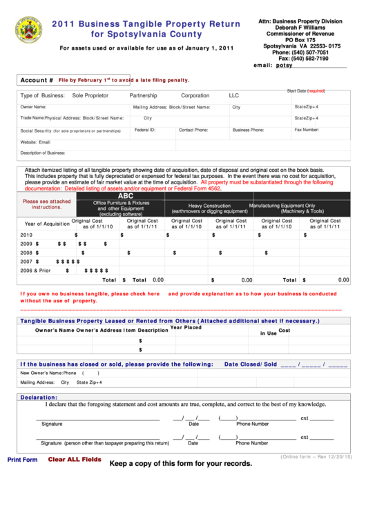 Fillable 2011 Business Tangible Property Return For Spotsylvania County 