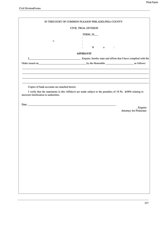 Fillable Affidavit Court Of Common Pleas Of Philadelphia County 