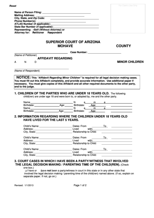 Fillable Affidavit Regarding Minor Children Form Superior Court Of 