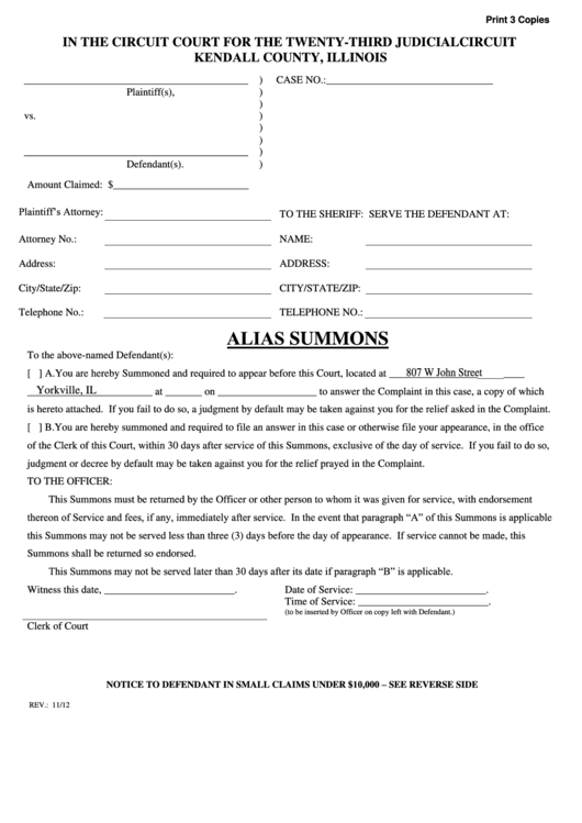 Fillable Alias Summons Kendall County Illinois Circuit Court