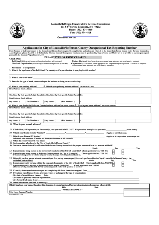 Fillable Application For City Of Louisville jefferson County 