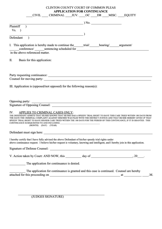 Fillable Application For Continuance Form Clinton County Court Of