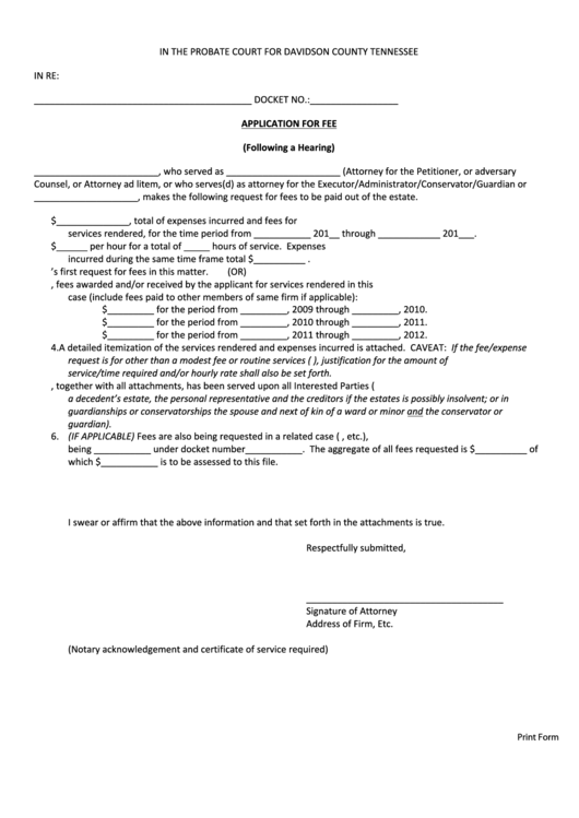 Fillable Application For Fee Following A Hearing Form Probate Court
