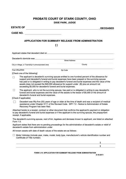 Fillable Application For Summary Release From Administration Probate