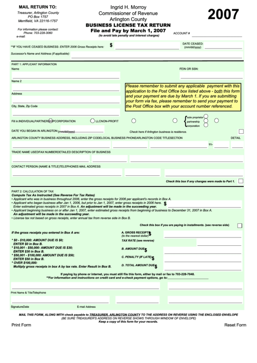 Fillable Arlington County Business License Tax Return Form 2007 