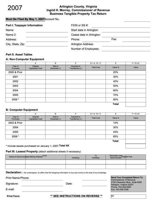 Fillable Business Tangible Property Tax Return Form 2007 Arlington 