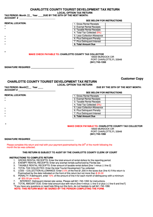 Fillable Charlotte County Tourist Development Tax Return Form Printable