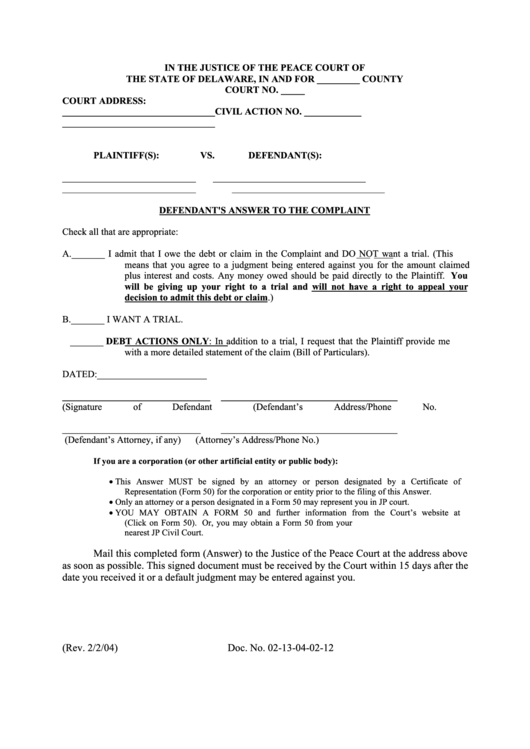 Fillable Defendant S Answer To The Complaint Printable Pdf Download