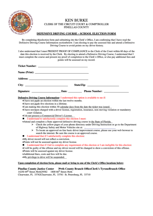 Fillable Defensive Driving Course School Election Form Pinellas 