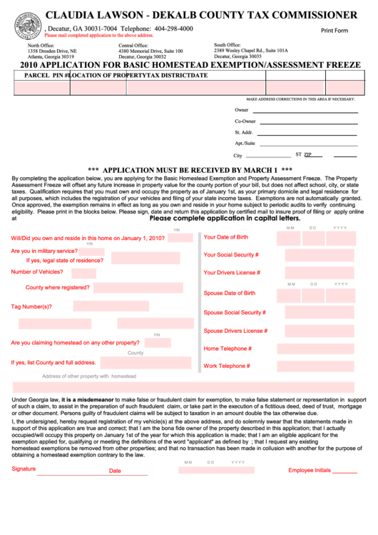 Fillable Dekalb County 2010 Application For Basic Homestead Exemption 